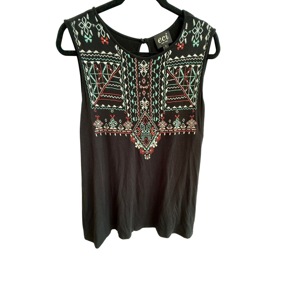 ECI New York Womens Black Geometric Embroidered Sleeveless Tank Top Size L - Picture 2 of 5